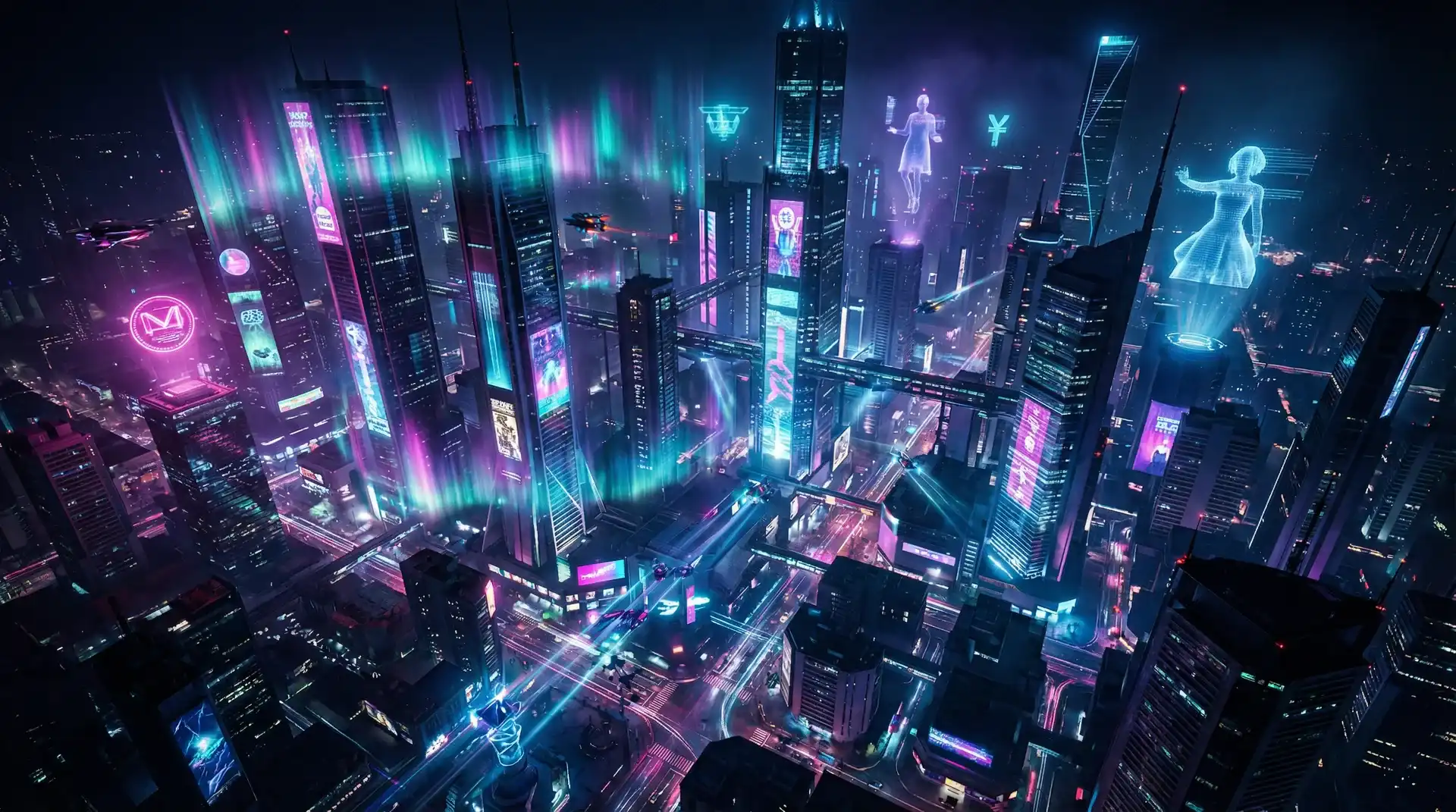 皇冠网 - 赛博朋克未来都市夜景极光渐变